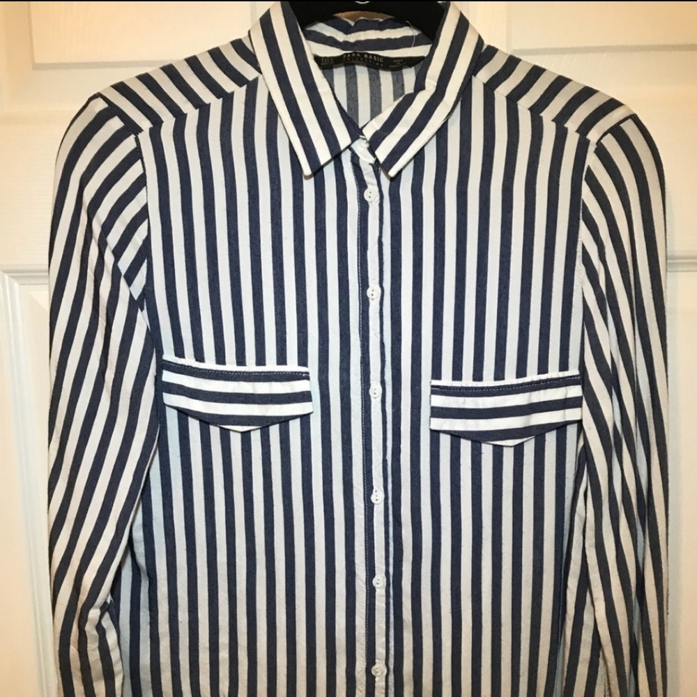Zara Navy Striped Button Down Shirt
